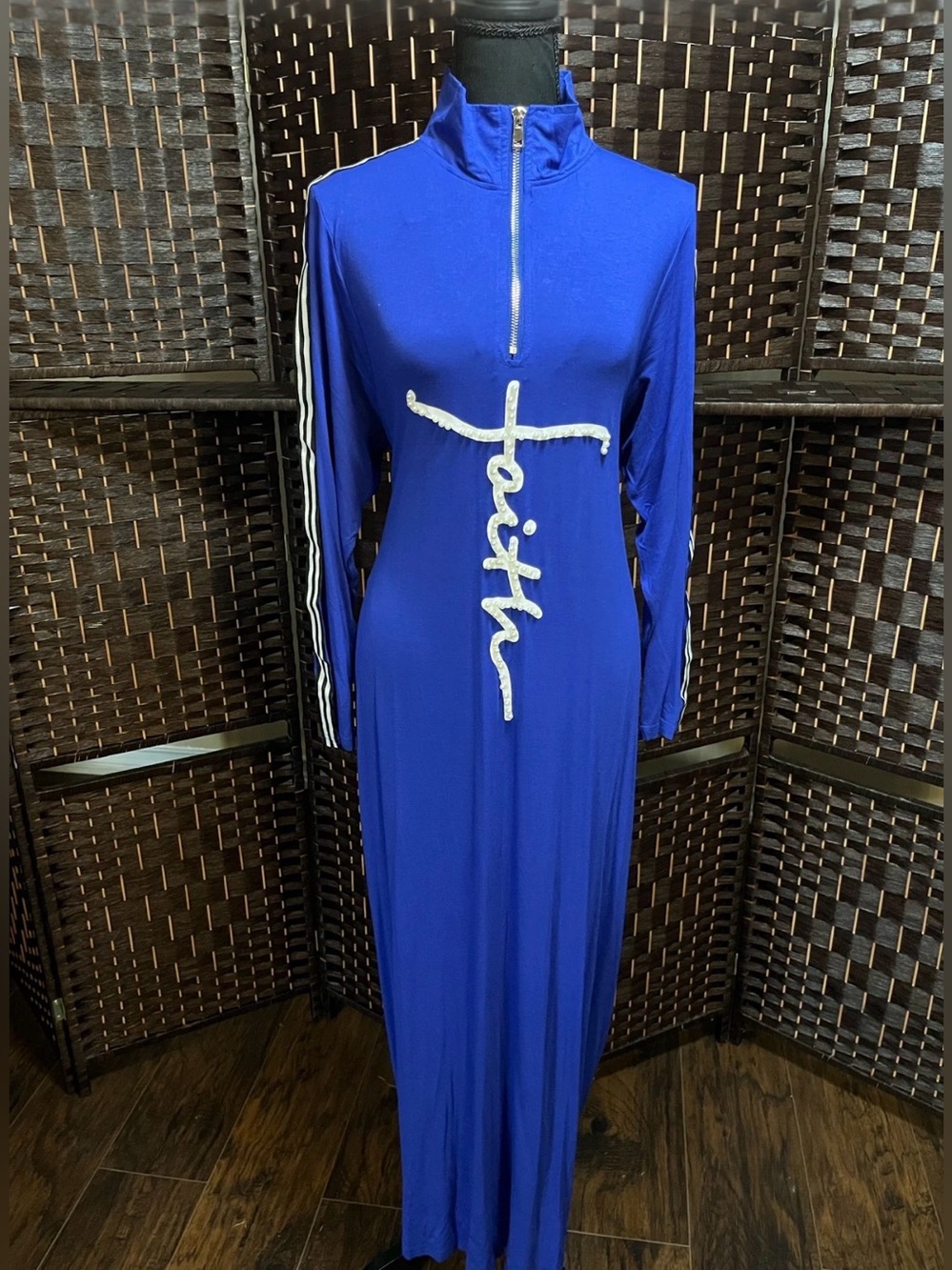 Blue Long-Sleeve Maxi Dress with Front Script Detail